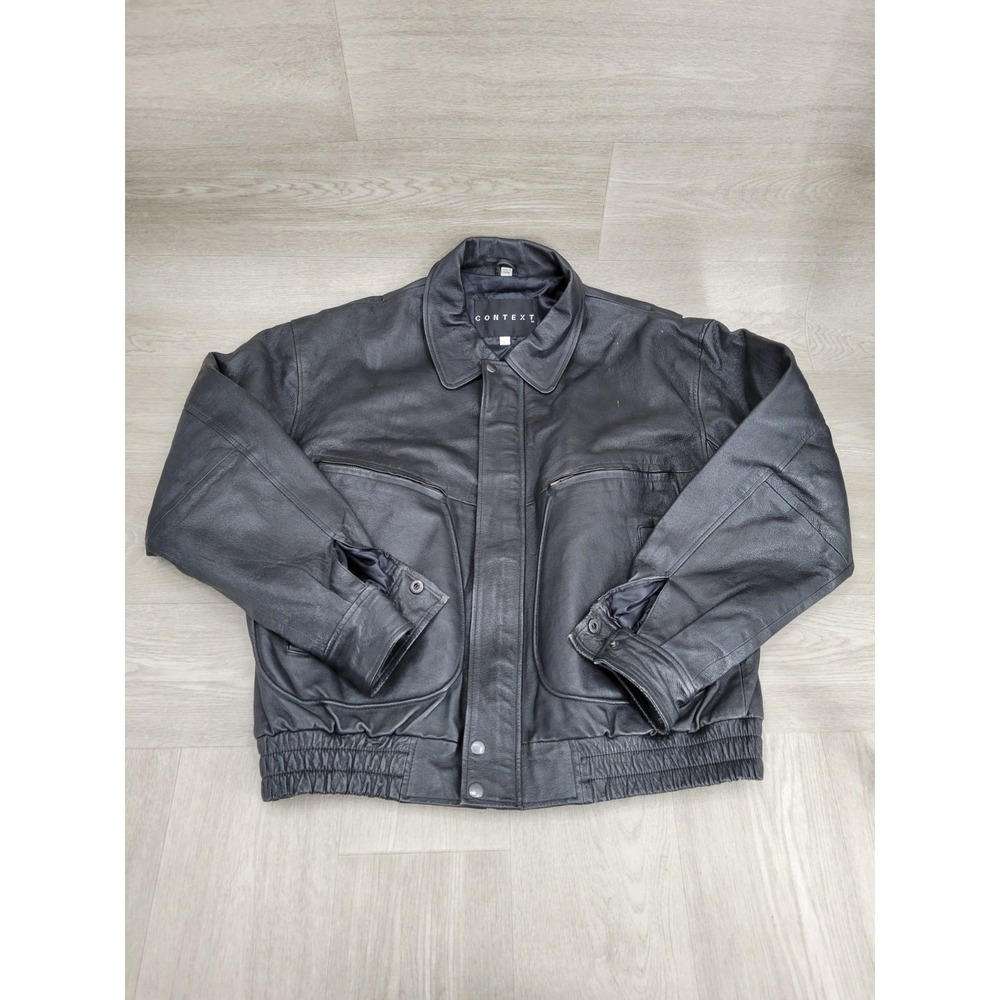 VTG Context Men's Large Black Leather Bomber Flight Jacket Zip‎ Front
